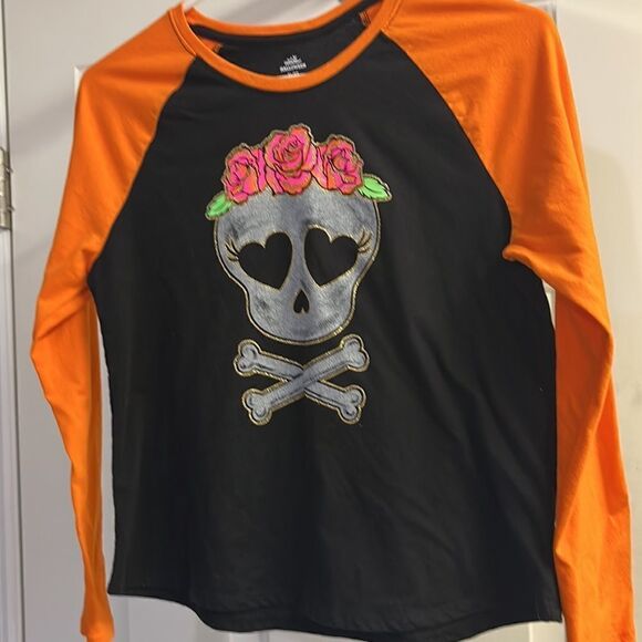 Celebrate Halloween Glitter Skull & Crossbones Baseball Shirt-XL-14/16 Plus Girl - Picture 4 of 15